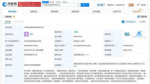 中國物流集團等在湖南成立新物流公司 註冊資本2億